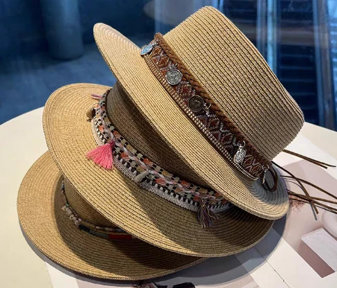Boho Brown Chapéu de praia de palha para mulheres