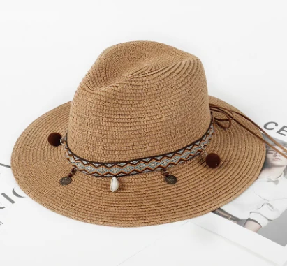 Chapéu de praia feminino de palha com fita