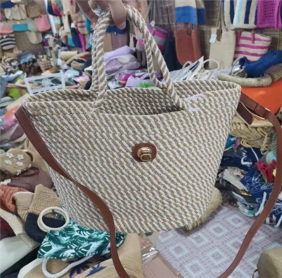 Saco feito à mão para mulheres em corda de algodão com alça longa em PU